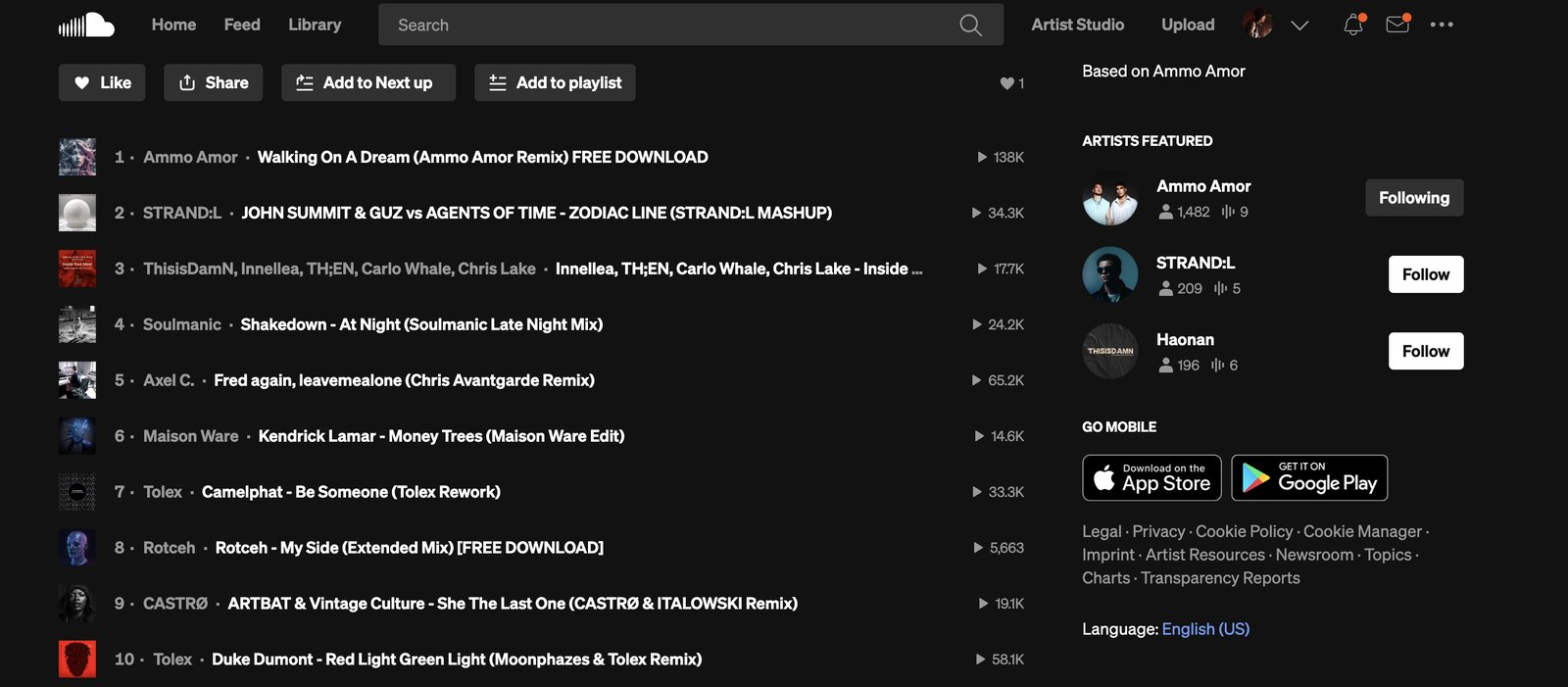 Digging through a SoundCloud artist page — likes and station — to find similar music